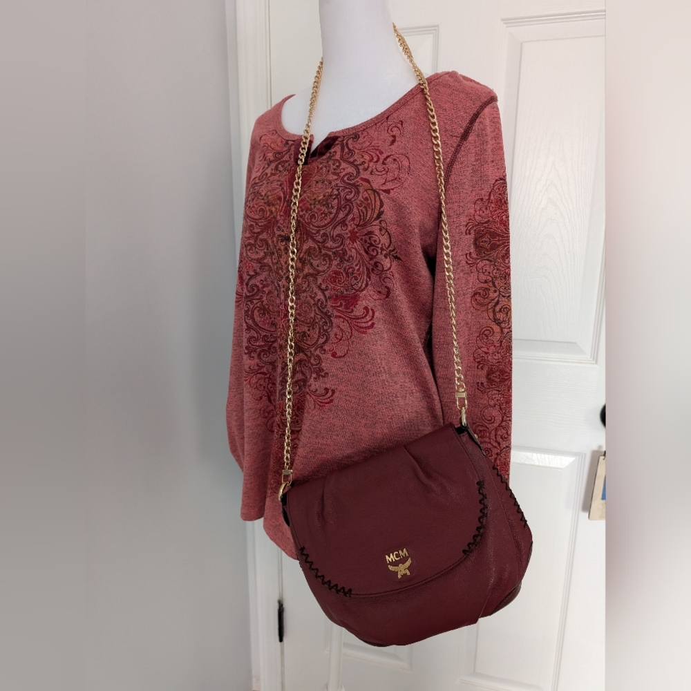 Vintage MCM Burgundy Red Leather Crossbody Flap Bag Gold - Picture 15 of 15
